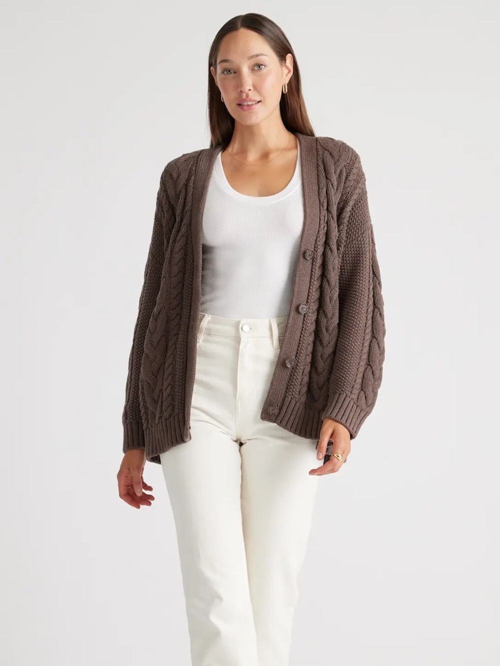 Quince 100% Organic Cotton Oversized Cable Knit Cardigan Heather Brown Large - Picture 13 of 16